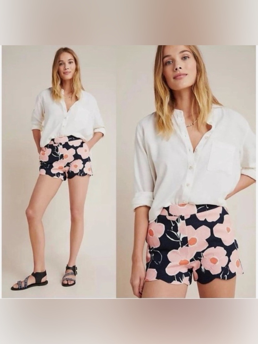 Anthropologie Navy Shorts with Pink Floral Scalloped Hem
